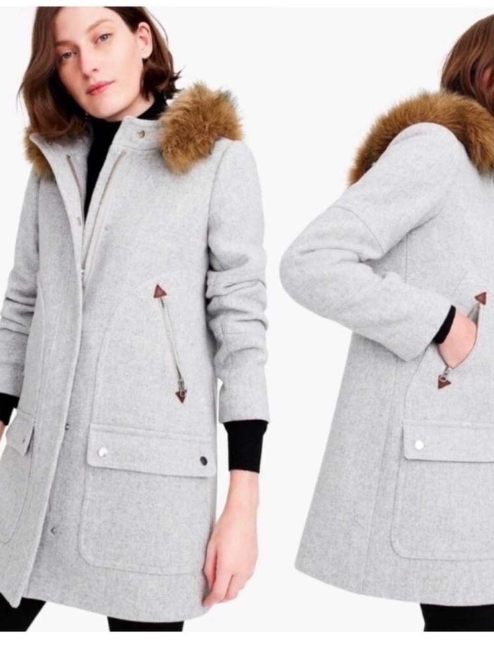 J. Crew Light Gray Wool Trench Coat with Faux Fur Hood Trim